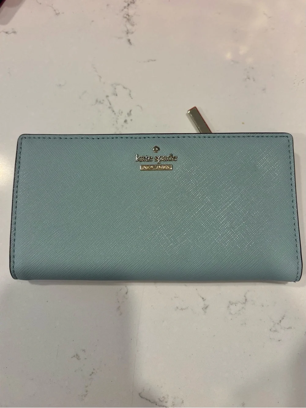 kate spade Sky Blue Saffiano Leather Continental Wallet with Gold Logo